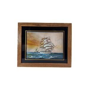 Vintage Wall Art - Framed Print - Mid Century Sailing Ships - Foil Art
